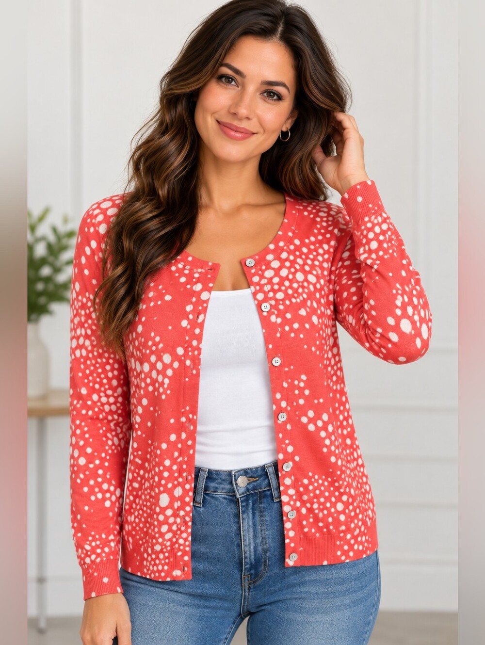 Coral White Abstract Dot Print Button Front Cardigan Long Sleeve